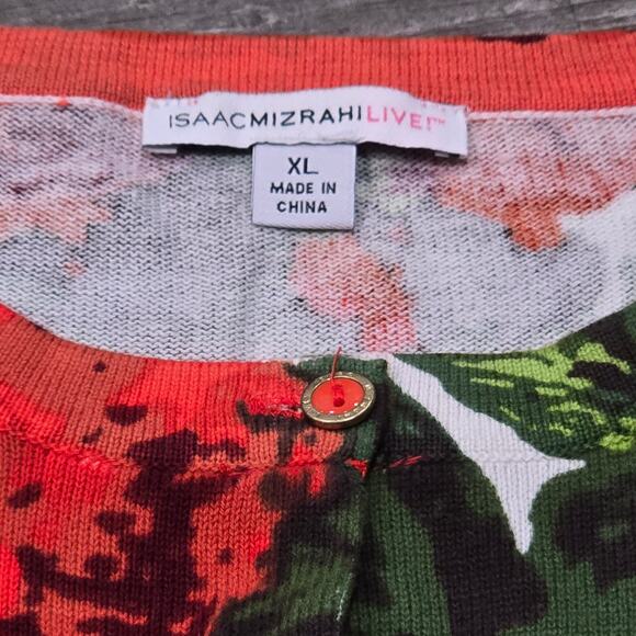 Isaac Mizrahi Live! Red & Green Floral Print Crew Neck Button Front Cardigan - Picture 3 of 6